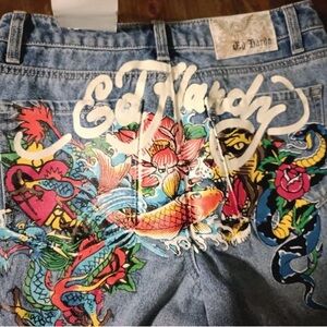 Ed Hardy Baggy Blue Jeans with Vibrant Tattoo Art Sz 28